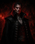GRID THUMBNAIL — Pale male vampire in ornate black coat stands before a blood-red castle backdrop, candlelight flickering beside him, eyes glowing with menace.
