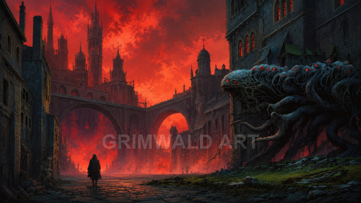 Gothic city of towering arches under a crimson, firelit sky, with a cloaked figure and a many-eyed tentacled creature lurking by a fortress.
