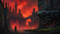 GRID THUMBNAIL — Gothic city of towering arches under a crimson, firelit sky, with a cloaked figure and a many-eyed tentacled creature lurking by a fortress.