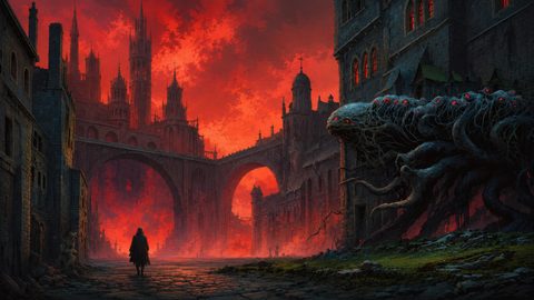 GRID THUMBNAIL — Gothic city of towering arches under a crimson, firelit sky, with a cloaked figure and a many-eyed tentacled creature lurking by a fortress.
