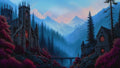 GRID THUMBNAIL — Gothic stone cathedral with glowing red windows in a misty pine valley, mountains beyond, stone bridge and crimson foliage under twilight blue sky.
