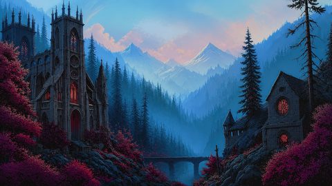 GRID THUMBNAIL — Gothic stone cathedral with glowing red windows in a misty pine valley, mountains beyond, stone bridge and crimson foliage under twilight blue sky.