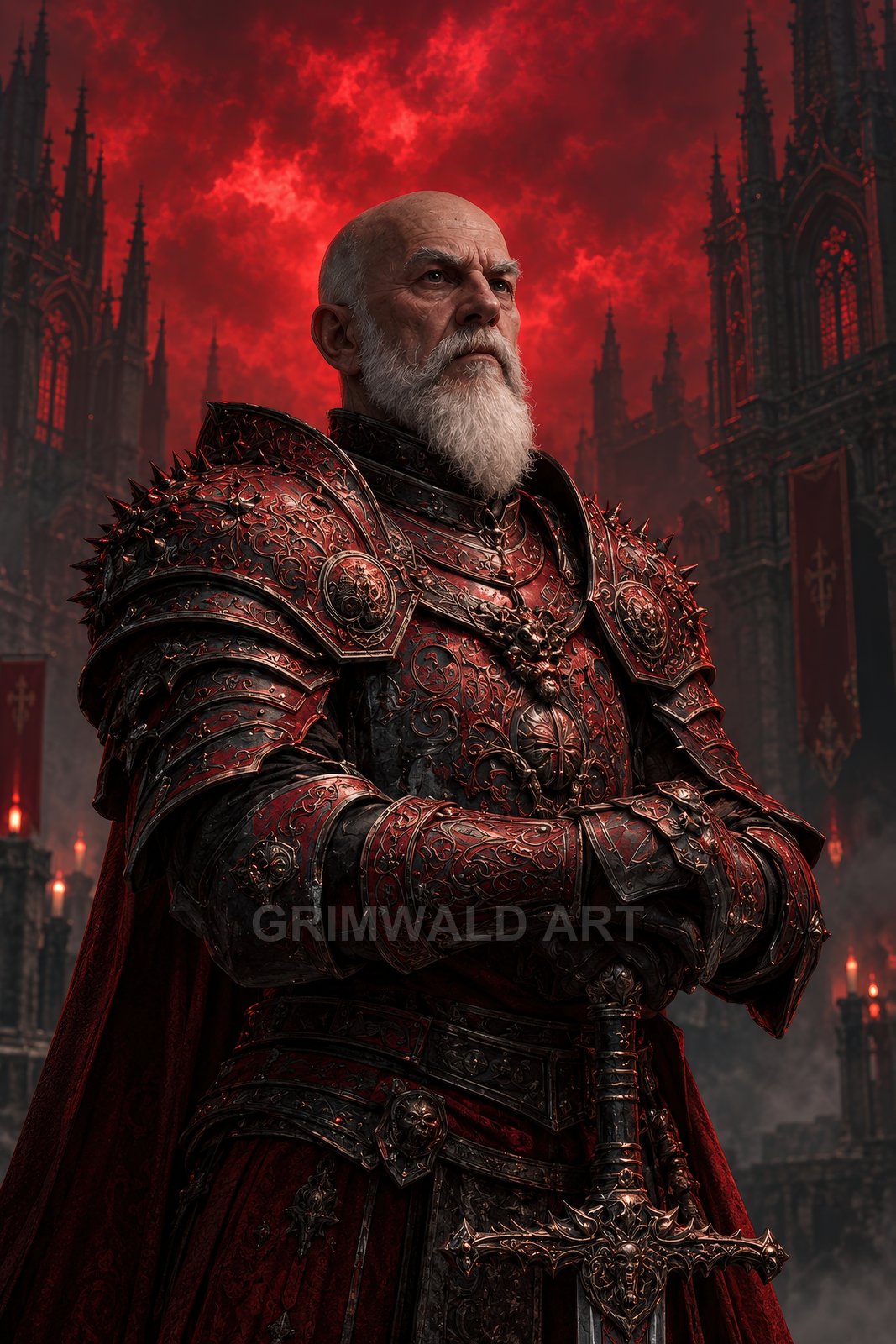 Older bearded knight in ornate crimson gothic plate armour holds a sword before towering cathedral spires beneath a dramatic blood-red sunset sky.