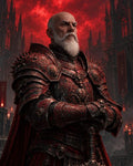 GRID THUMBNAIL — Older bearded knight in ornate crimson gothic plate armour holds a sword before towering cathedral spires beneath a dramatic blood-red sunset sky.