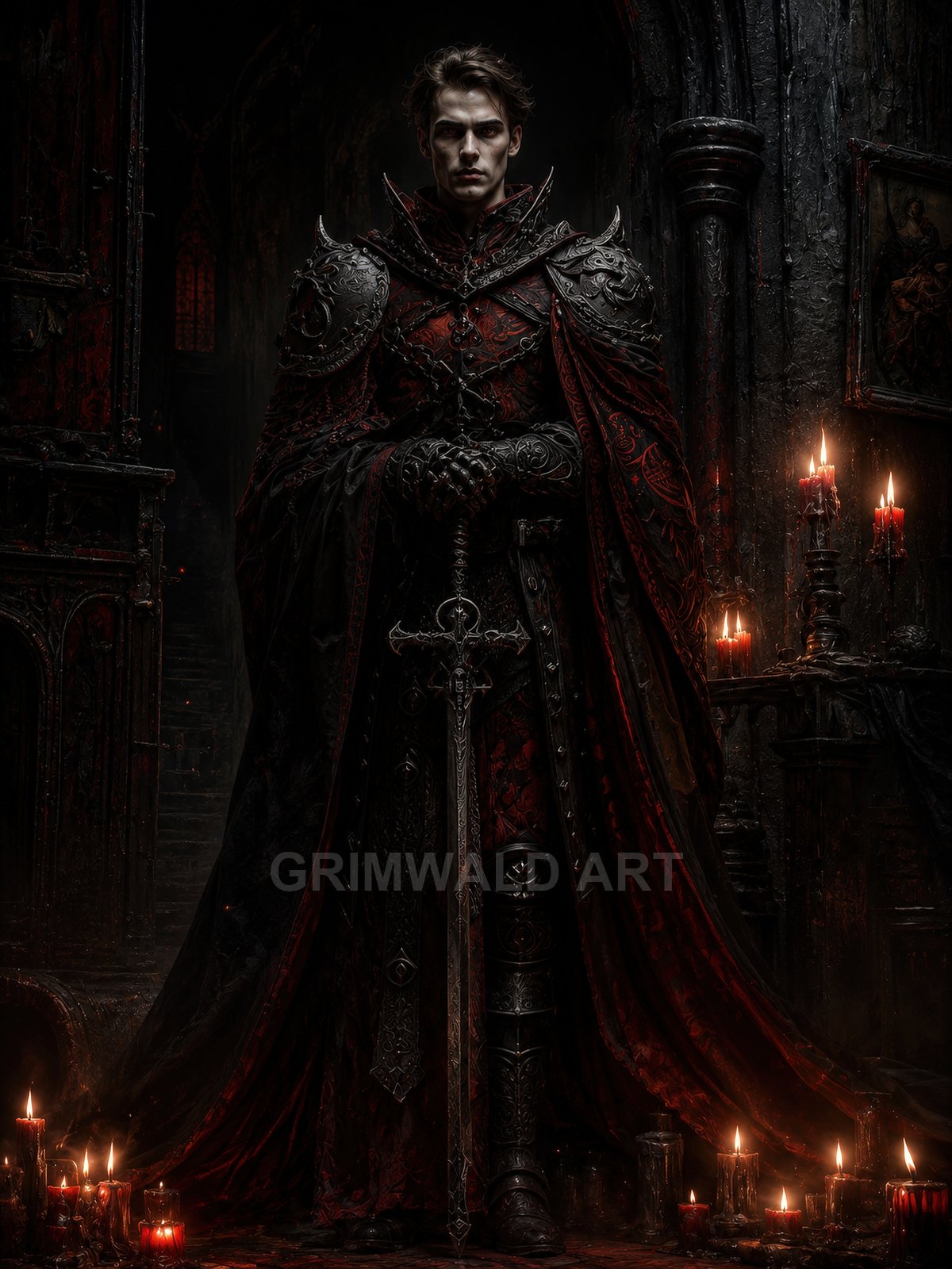Tall male knight in ornate black and red armour holds a greatsword amid candles inside a shadowy gothic cathedral, firelit and ominous.