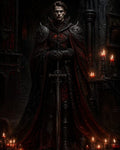 GRID THUMBNAIL — Tall male knight in ornate black and red armour holds a greatsword amid candles inside a shadowy gothic cathedral, firelit and ominous.