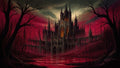 GRID THUMBNAIL — A vast gothic cathedral with glowing windows rises above arched walls, framed by dead trees and a crimson river under stormy red skies.