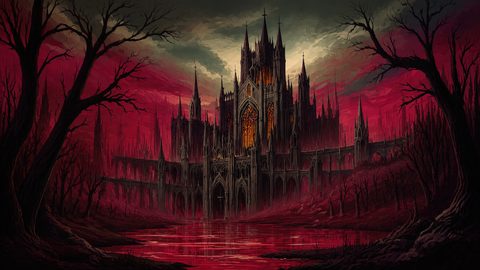GRID THUMBNAIL — A vast gothic cathedral with glowing windows rises above arched walls, framed by dead trees and a crimson river under stormy red skies.