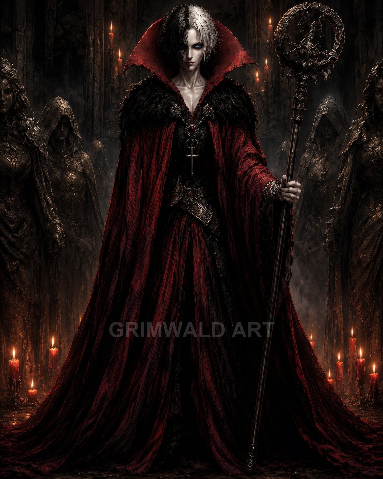 Androgynous sorcerer in a voluminous red, fur-collared cloak stands in a candlelit gothic cathedral, holding an ornate staff, flanked by hooded acolytes.