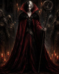 GRID THUMBNAIL — Androgynous sorcerer in a voluminous red, fur-collared cloak stands in a candlelit gothic cathedral, holding an ornate staff, flanked by hooded acolytes.