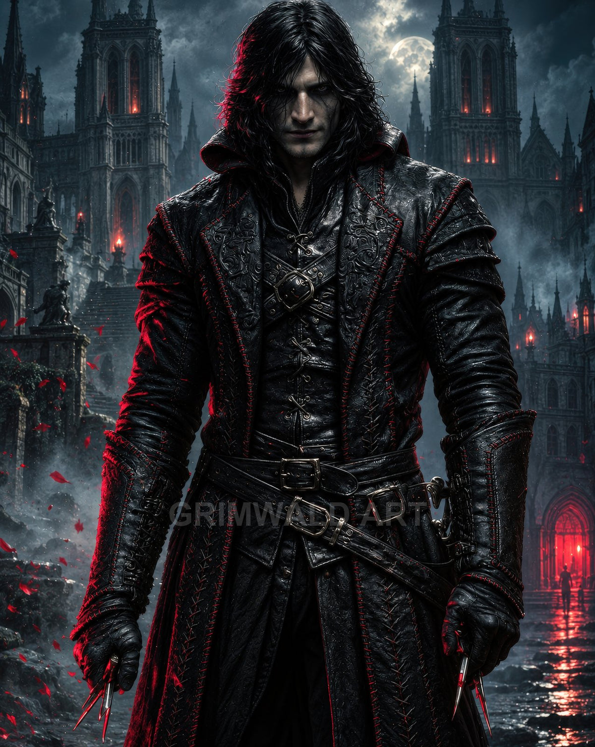 Dark-haired man in ornate black leather coat grips clawed daggers before towering gothic cathedrals glowing red at night on rain-slick streets.