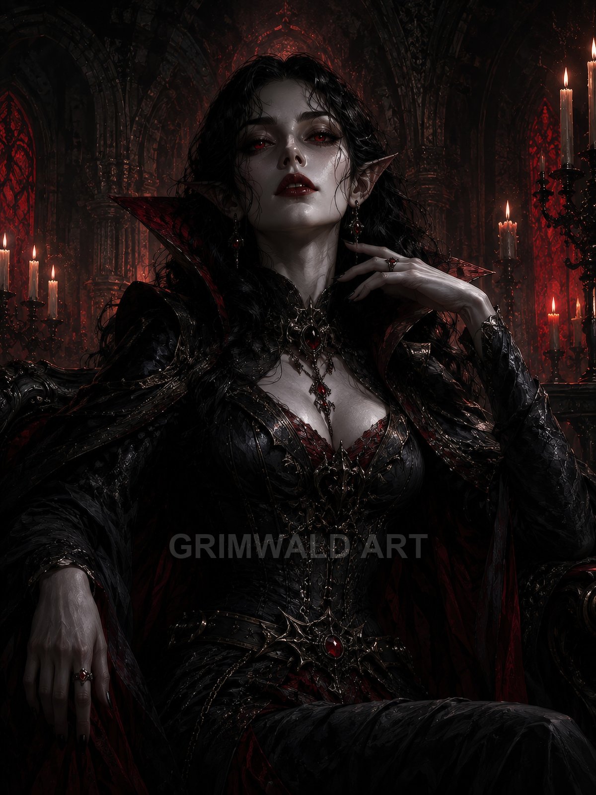 Gothic vampire countess with pointed ears and red eyes sits on a dark throne amid candles and stained glass in a shadowy cathedral.