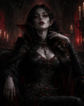 GRID THUMBNAIL — Gothic vampire countess with pointed ears and red eyes sits on a dark throne amid candles and stained glass in a shadowy cathedral.