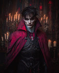 GRID THUMBNAIL — Gothic vampire male in red cloak and black armour standing before candelabras in a dark cathedral, lit by candles, wearing a cross pendant.