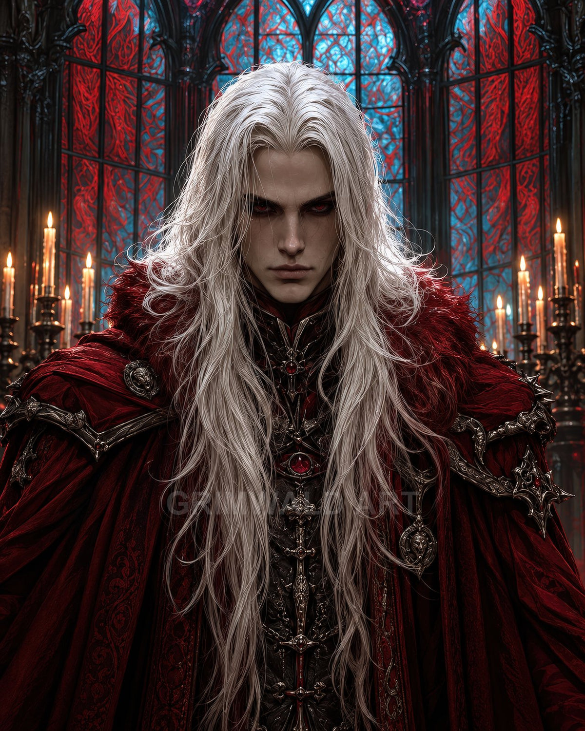 Pale, long-haired vampire in ornate crimson cloak and baroque armour stands in a gothic cathedral, lit by rows of flickering candles, before stained glass.