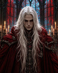 GRID THUMBNAIL — Pale, long-haired vampire in ornate crimson cloak and baroque armour stands in a gothic cathedral, lit by rows of flickering candles, before stained glass.