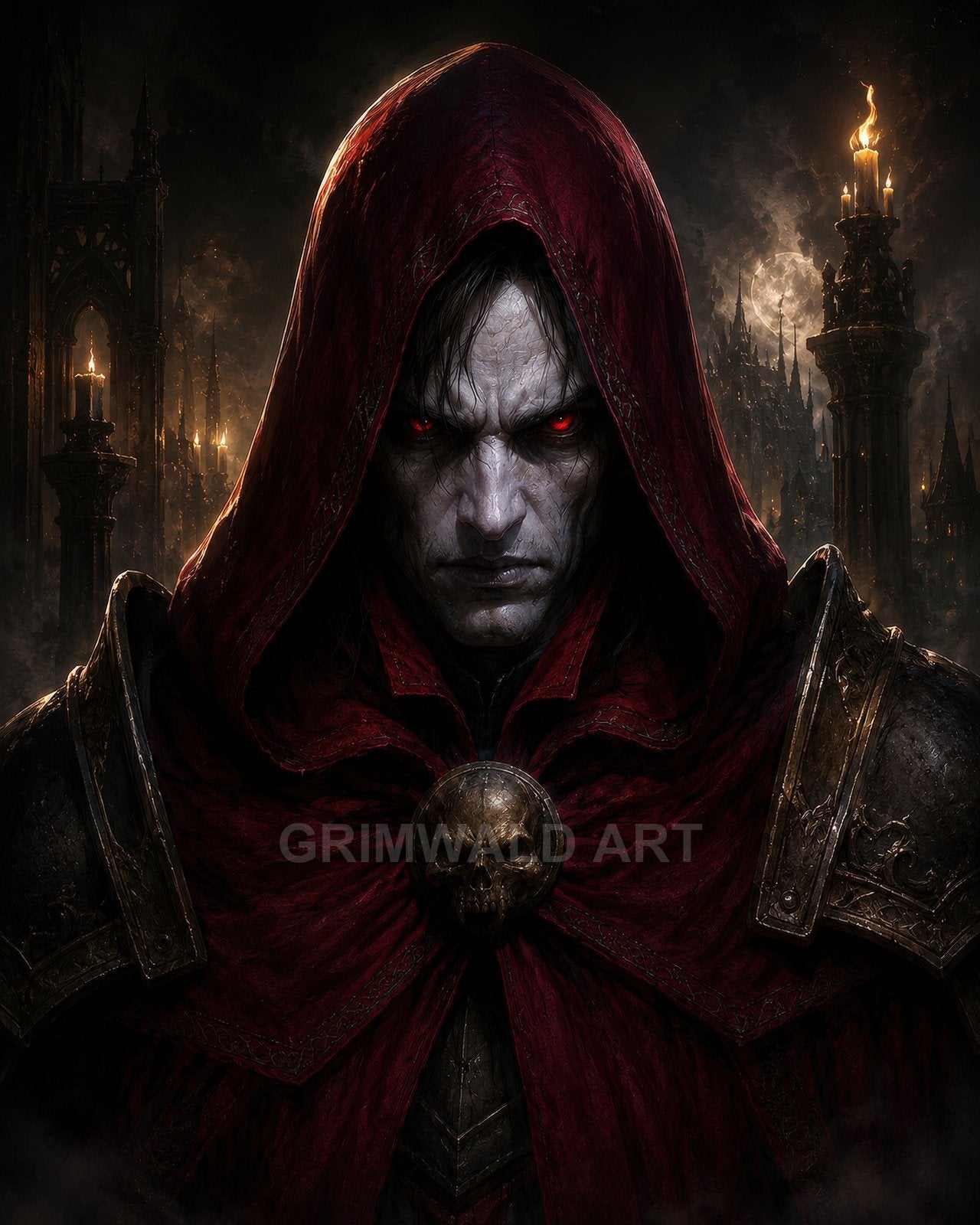 A pale, red-eyed vampire in a crimson hood and dark armour faces forward, flanked by candlelit gothic spires and a full moon in the night.