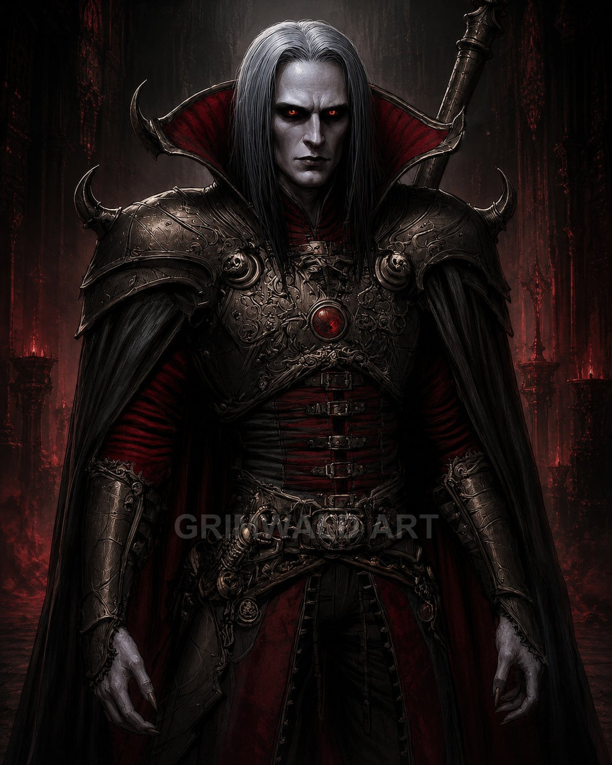 Pale, red-eyed vampire in ornate black and red armour stands in a gothic cathedral, firelit gloom behind, long silver hair, high collar, sword visible.