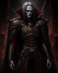 GRID THUMBNAIL — Pale, red-eyed vampire in ornate black and red armour stands in a gothic cathedral, firelit gloom behind, long silver hair, high collar, sword visible.