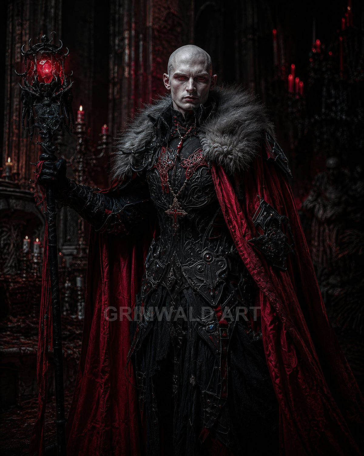Bald, pale vampire in ornate black armour and red fur-lined cloak holds a crimson-crystal staff inside a candlelit gothic cathedral.
