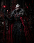 GRID THUMBNAIL — Bald, pale vampire in ornate black armour and red fur-lined cloak holds a crimson-crystal staff inside a candlelit gothic cathedral.