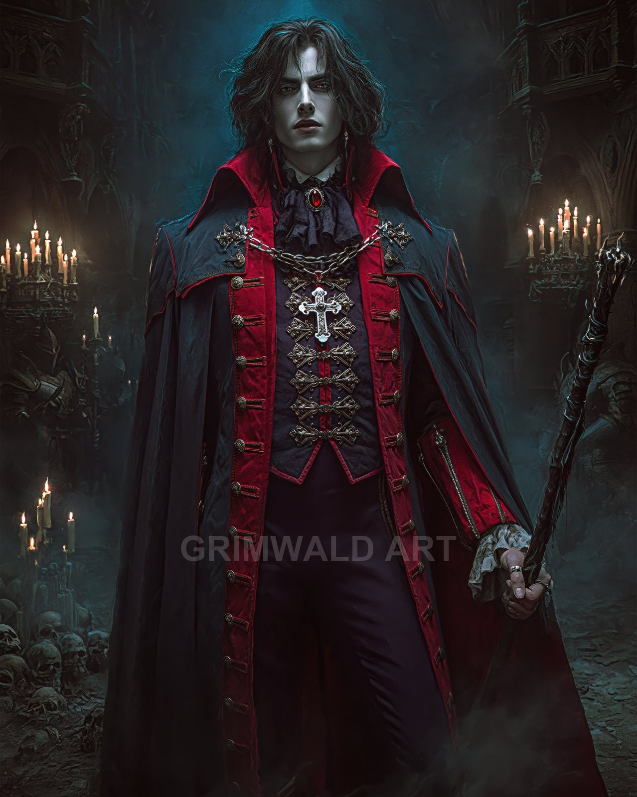 Pale vampire aristocrat in red and black regalia holds a staff within a candlelit gothic cathedral, mist swirling around candelabra and skulls.