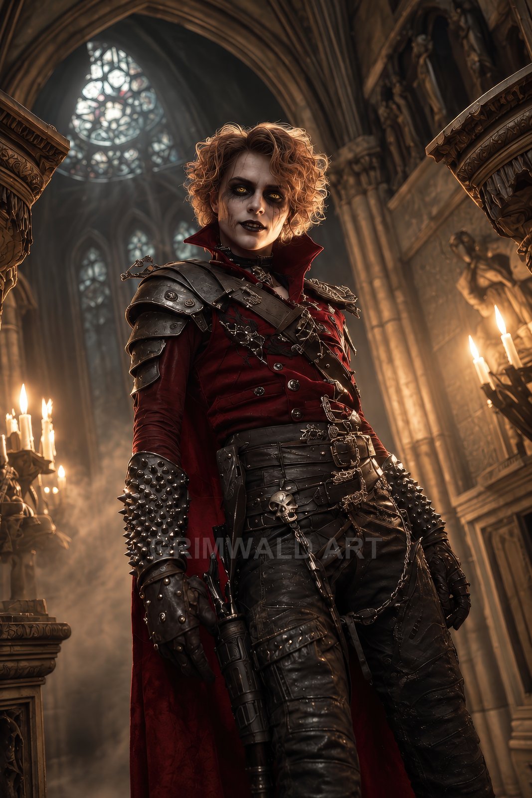 Androgynous vampire in a red coat and spiked leather armour stands in a firelit cathedral, beneath stained glass, with chains, skull details, and dagger.