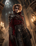 GRID THUMBNAIL — Androgynous vampire in a red coat and spiked leather armour stands in a firelit cathedral, beneath stained glass, with chains, skull details, and dagger.