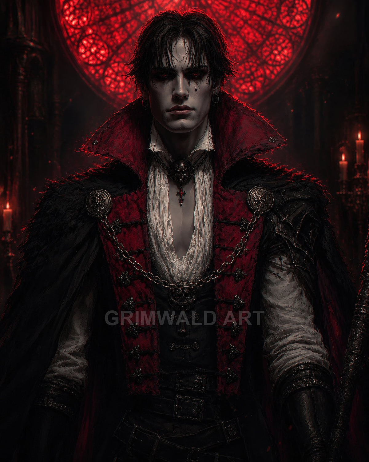 Pale male vampire in ornate red and black attire before a glowing crimson stained-glass window, candles flickering within a shadowed gothic cathedral.