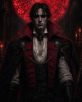 GRID THUMBNAIL — Pale male vampire in ornate red and black attire before a glowing crimson stained-glass window, candles flickering within a shadowed gothic cathedral.