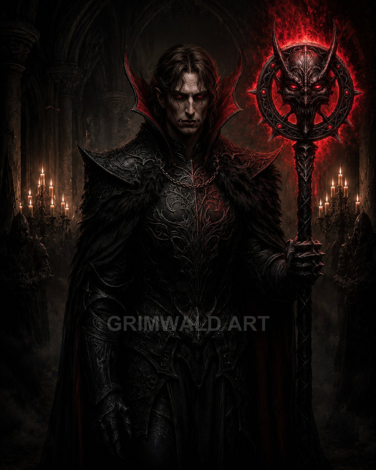 Armoured vampire warlock in a shadowed cathedral holds a spiked, glowing red staff, with candles and hooded acolytes flickering behind him.