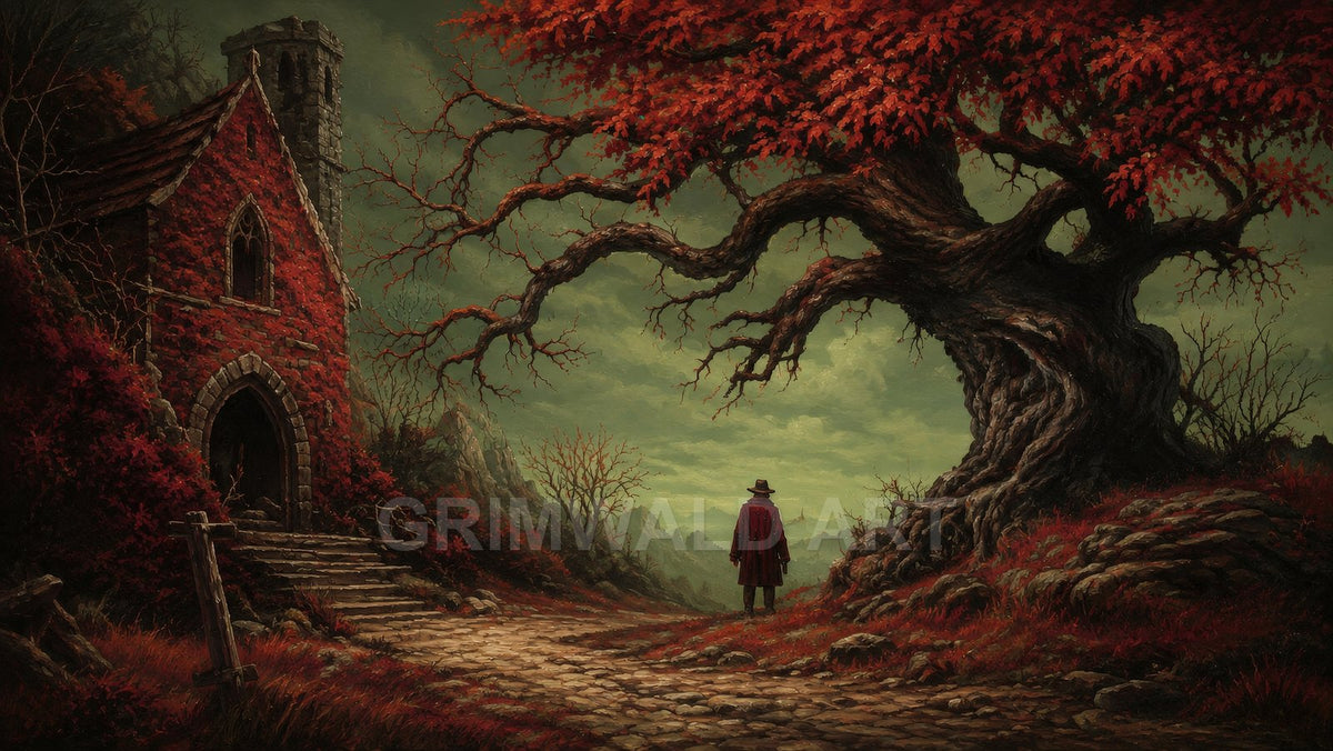 Moody fantasy landscape with a twisted red-leaved tree, cobbled path, ruined stone chapel, and a lone cloaked figure beneath a turbulent green sky.