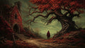 GRID THUMBNAIL — Moody fantasy landscape with a twisted red-leaved tree, cobbled path, ruined stone chapel, and a lone cloaked figure beneath a turbulent green sky.