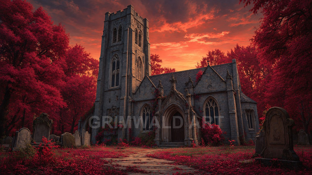 A gothic stone chapel stands amid crimson trees and weathered gravestones, ivy climbing its arches beneath a fiery red-orange sunset sky.