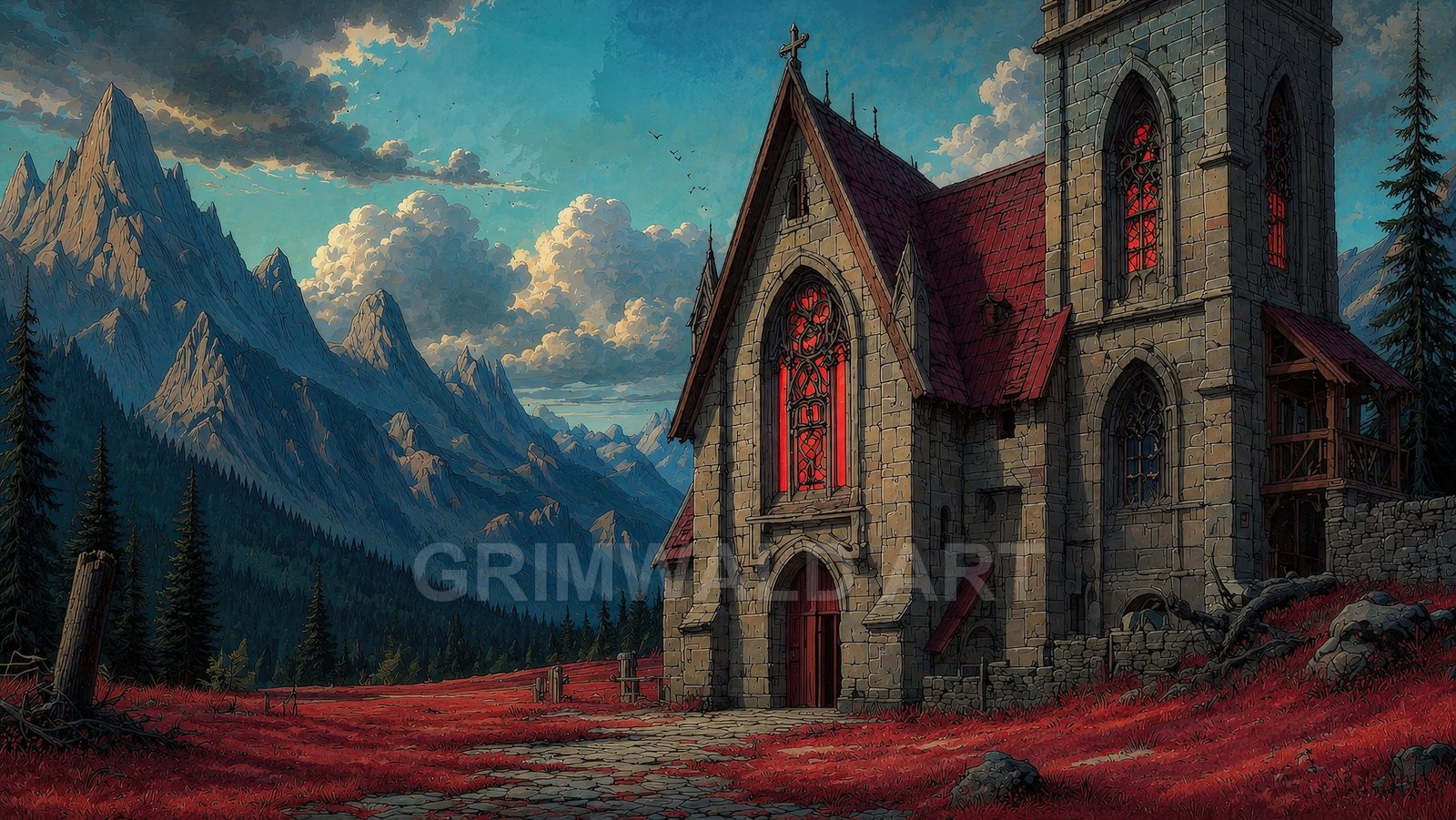 Gothic stone chapel with glowing red stained-glass windows in a scarlet meadow, backed by jagged mountains, dark pines, and towering clouds under a blue sky.