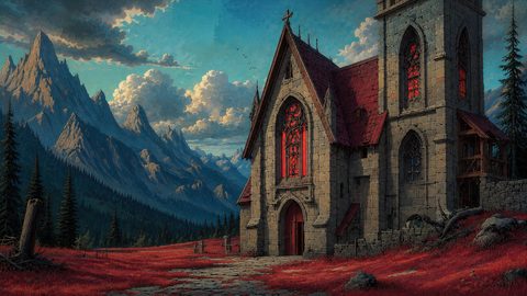 GRID THUMBNAIL — Gothic stone chapel with glowing red stained-glass windows in a scarlet meadow, backed by jagged mountains, dark pines, and towering clouds under a blue sky.