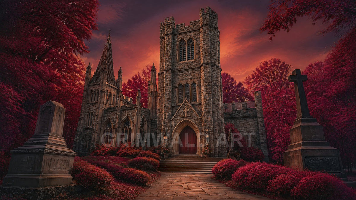 Gothic stone cathedral with red doors stands amid crimson trees and headstones at sunset, a flagstone path and steps leading to the entrance.