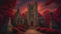 GRID THUMBNAIL — Gothic stone cathedral with red doors stands amid crimson trees and headstones at sunset, a flagstone path and steps leading to the entrance.