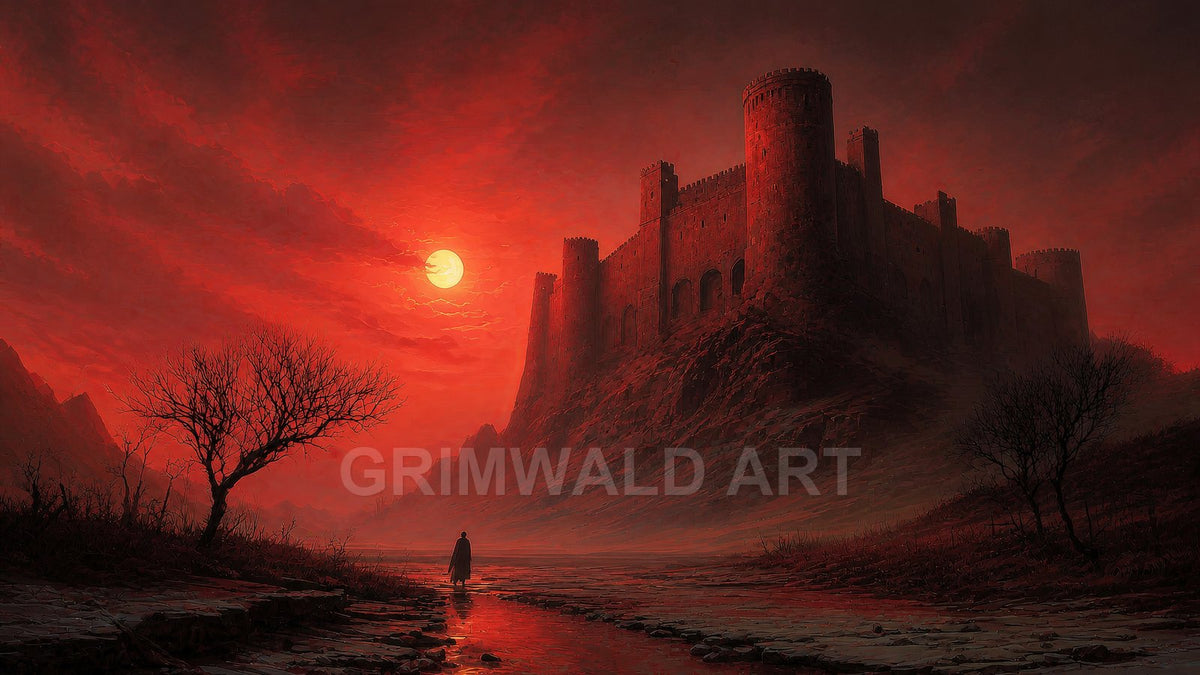 A vast fortress crowns a rocky hill beneath a crimson sunset, with a lone cloaked figure by a reflective stream and leafless trees.