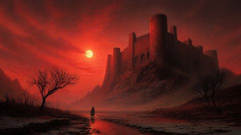 GRID THUMBNAIL — A vast fortress crowns a rocky hill beneath a crimson sunset, with a lone cloaked figure by a reflective stream and leafless trees.
