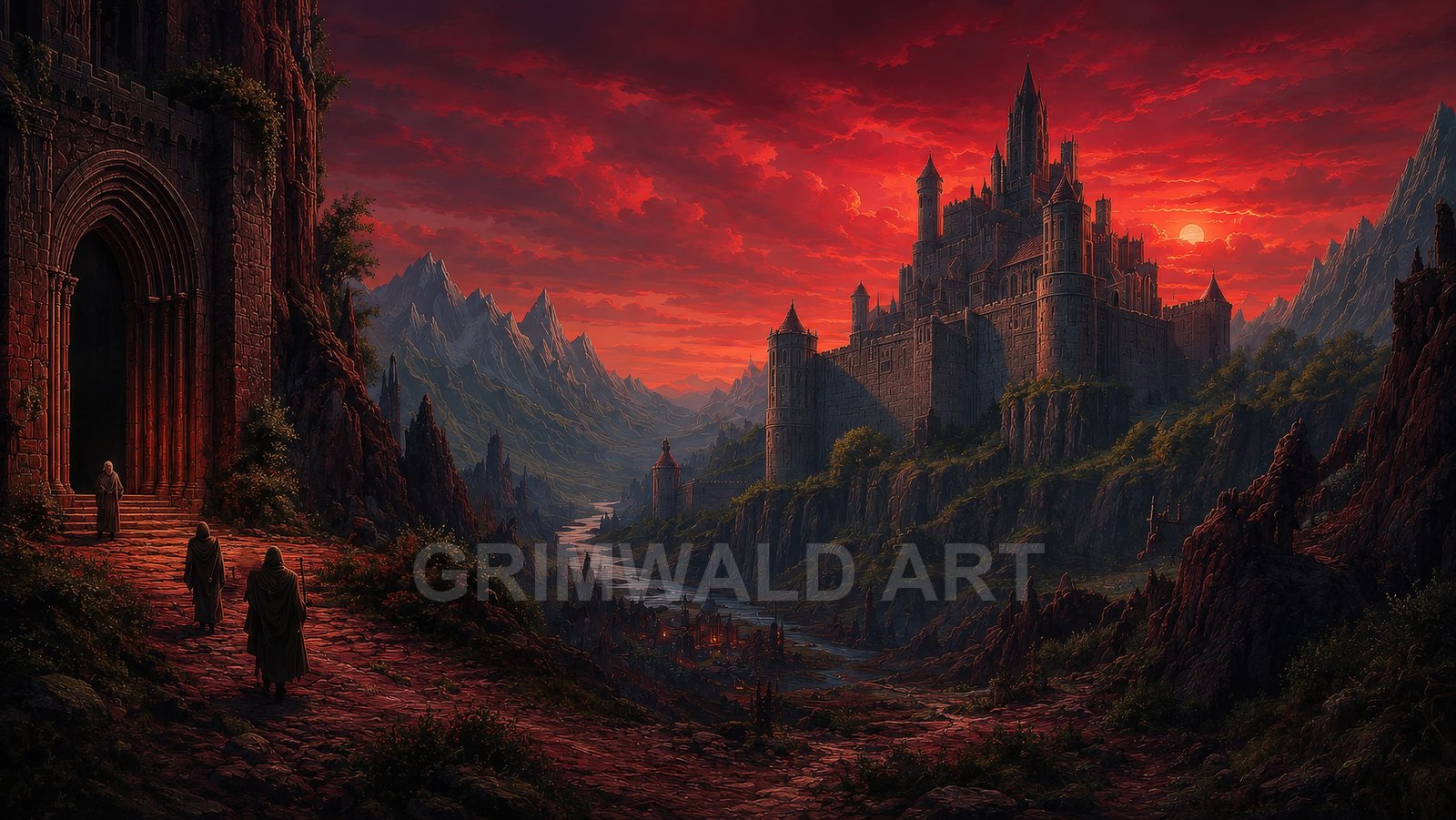Grand stone castle on rocky cliffs above a winding river valley at red sunset, with robed travellers near a vast arched doorway.