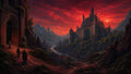 GRID THUMBNAIL — Grand stone castle on rocky cliffs above a winding river valley at red sunset, with robed travellers near a vast arched doorway.