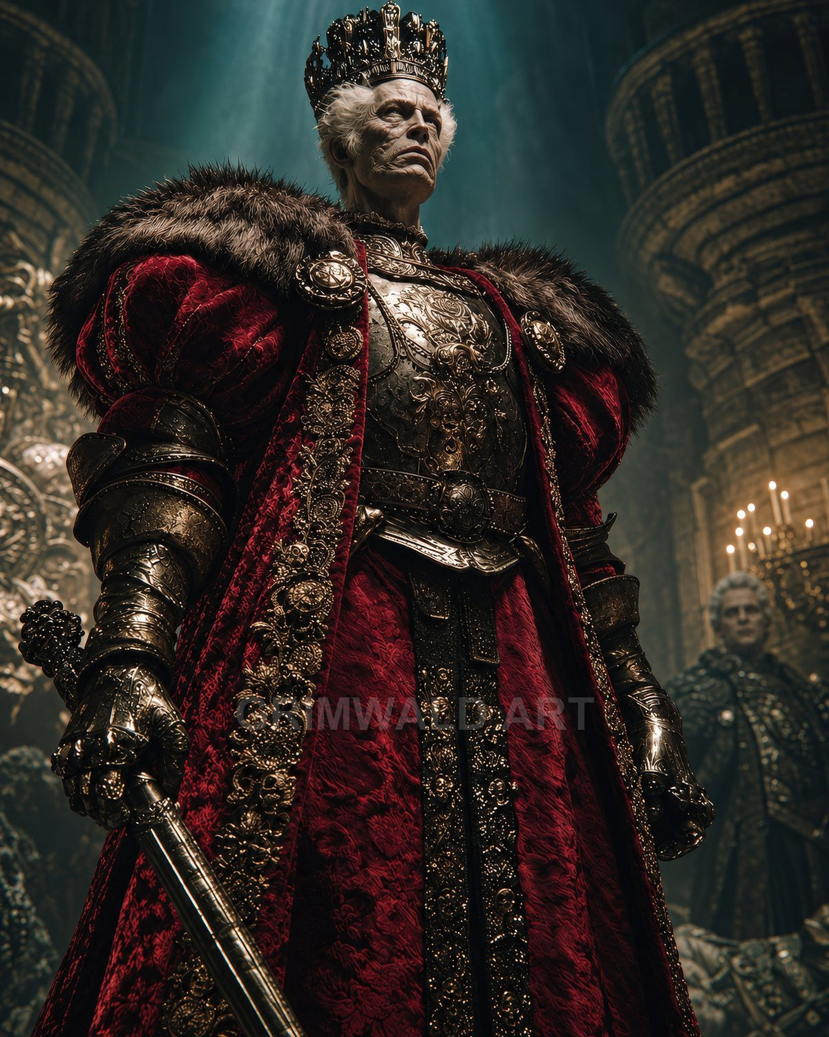 Regal elderly man in ornate gold armour and crimson fur-trimmed robe, wearing a jewelled crown, stands in a dim firelit castle hall.