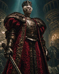 GRID THUMBNAIL — Regal elderly man in ornate gold armour and crimson fur-trimmed robe, wearing a jewelled crown, stands in a dim firelit castle hall.