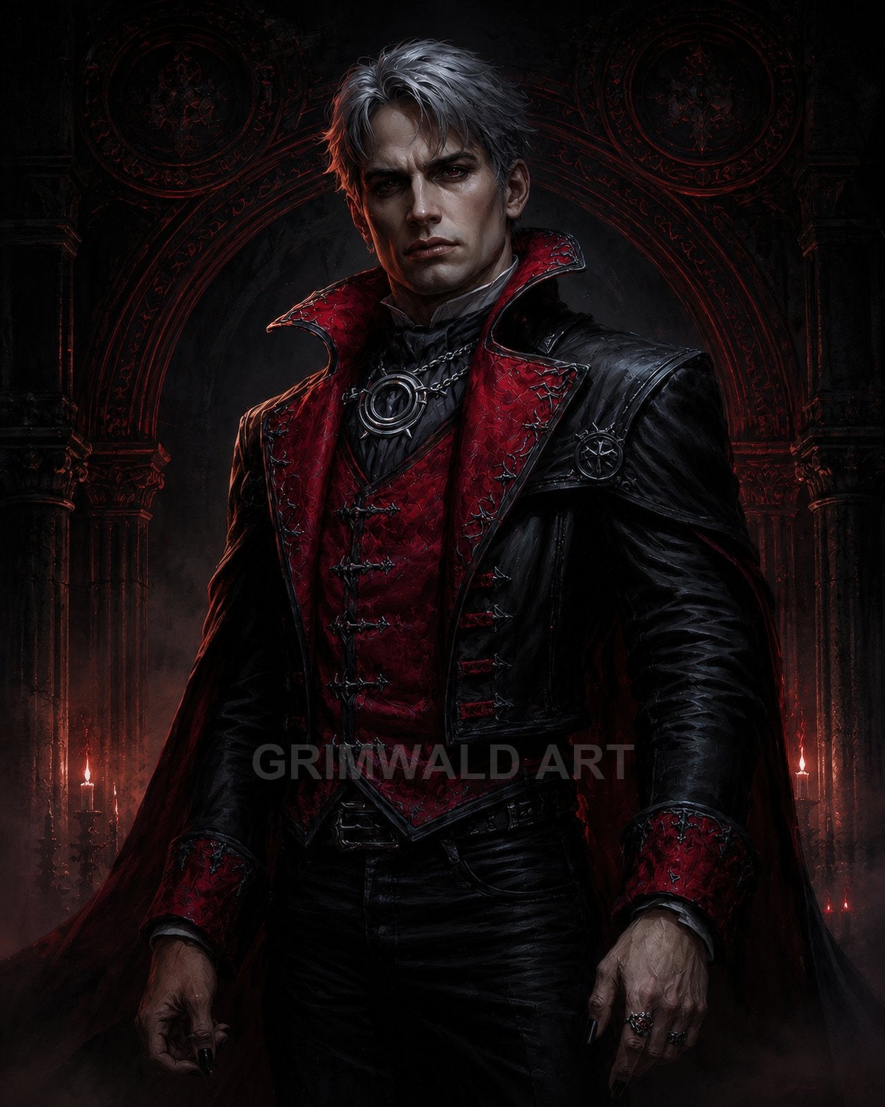 Silver-haired man in ornate red and black coat stands before gothic arches and candles, exuding dark, aristocratic presence under dim firelit ambience.