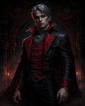 GRID THUMBNAIL — Silver-haired man in ornate red and black coat stands before gothic arches and candles, exuding dark, aristocratic presence under dim firelit ambience.