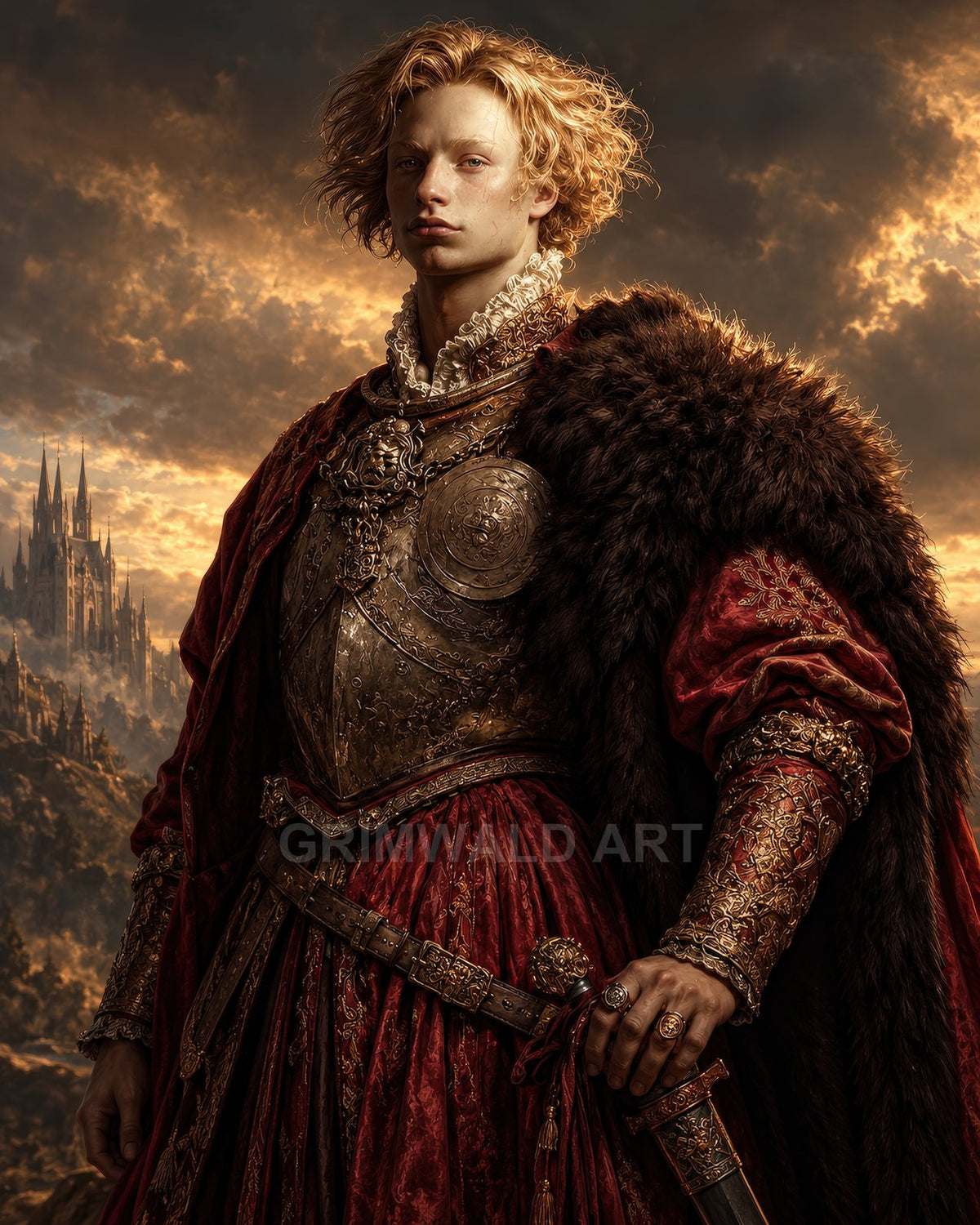 A youthful knight in gilded armour and red brocade stands with hand on a sword, fur mantle draped, a distant castle beneath a glowing sunset.