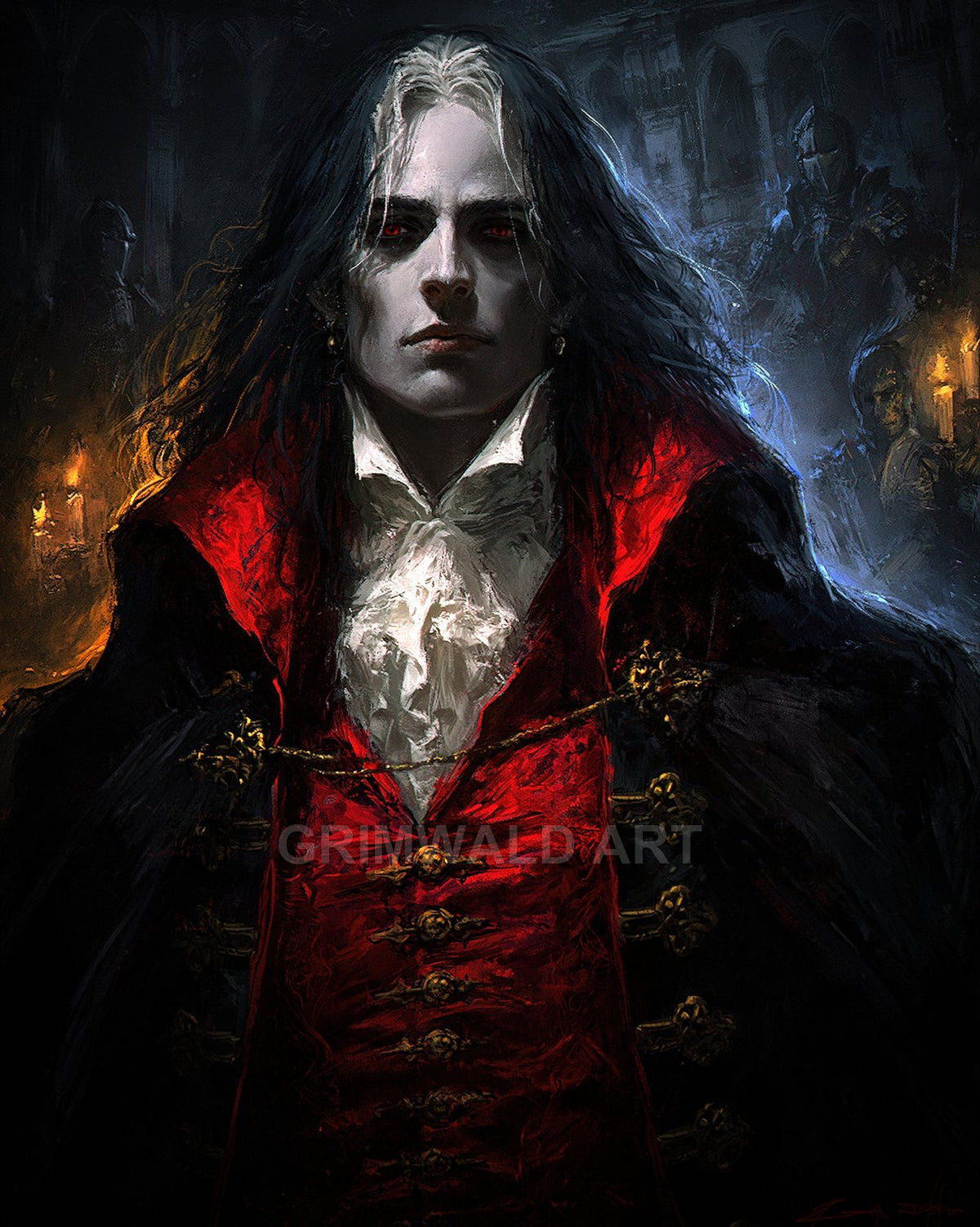 Pale, red-eyed vampire aristocrat in a crimson waistcoat and black cloak, standing in a candlelit gothic hall with shadowy guards behind.