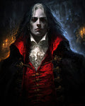 GRID THUMBNAIL — Pale, red-eyed vampire aristocrat in a crimson waistcoat and black cloak, standing in a candlelit gothic hall with shadowy guards behind.