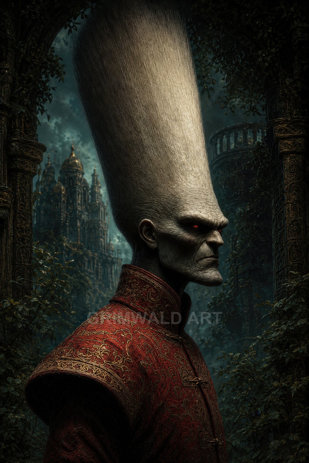 Pale vampire with towering conical hair and glowing red eyes in ornate red coat, before overgrown gothic arches and distant spires at twilight.